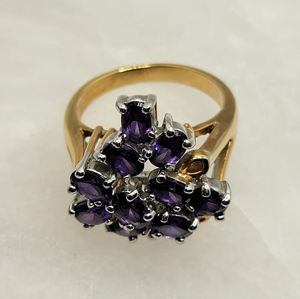 Vintage Gemstone Cluster Cocktail Ring  Amethyst Gold Tone